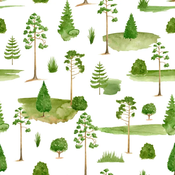 Бесшовный Узор Акварельного Леса Ручной Рисунок Высокие Зеленые Ели Сосны — стоковое фото