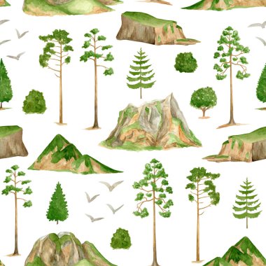 Suluboya dağ manzarası pürüzsüz desen. El çizimi yüksek yeşil dağlar, beyaza ayrılmış çam ağaçları. Yaz ormanı geçmişi. Woodland doğa illüstrasyonu. Seyahat, kamp tasarımı