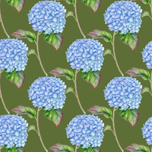 Hidrângea Aquarela Sem Costura Padrão Pintado Mão Flor Hortensia Azul — Fotografia de Stock