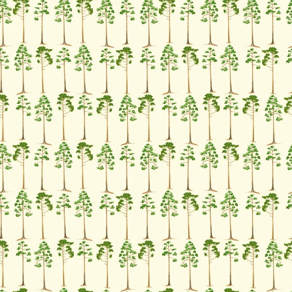 水彩松の木のシームレスなパターン 手はライトベージュ色に背の高い針葉樹の植物を描きました 緑の森の背景 森の自然イラスト ファブリック テキスタイル ラッピングのための夏の繰り返しデザイン — ストック写真