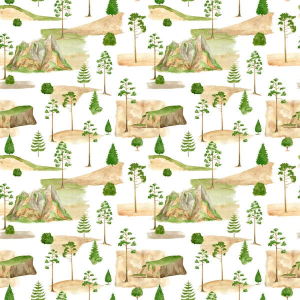 Watercolor mountain landscape seamless pattern. Hand drawn high green mountains summits, pine trees isolated on white. Summer forest background. Woodland nature illustration. Travel, camping design