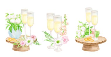 Watercolor wedding drinks set. Hand drawn champagne glasses, gold wedding rings and flowers isolated on white background. Signature cocktails illustration for invitations, menu, cards