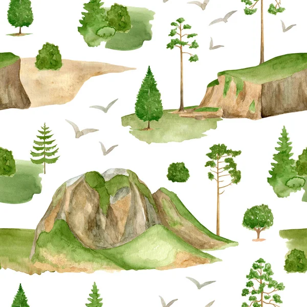 Watercolor forest mountains seamless pattern. Hand painted green mountain range, birds, spruce and pine trees isolated on white. Summer woodland background. Spring nature illustration for textile