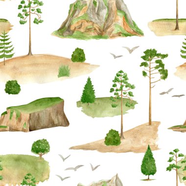 Watercolor mountain landscape seamless pattern. Hand drawn high green mountains range, sand hills, pine trees isolated on white. Summer forest background. Woodland nature illustration. Travel design