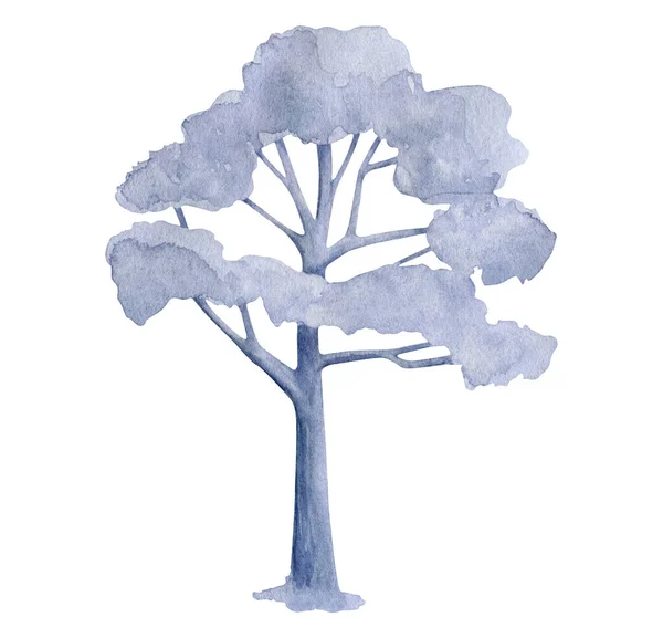 Watercolor Blue Tree Illustration Hand Drawn Tall Monochrome Oak Tree — Stock Photo, Image