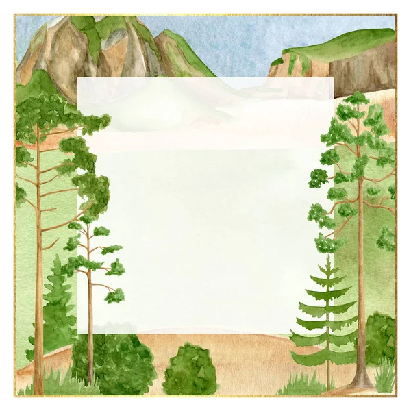 Watercolor Woodland Mountains Frame Hand Drawn Square Template Green Mountain — Foto Stock