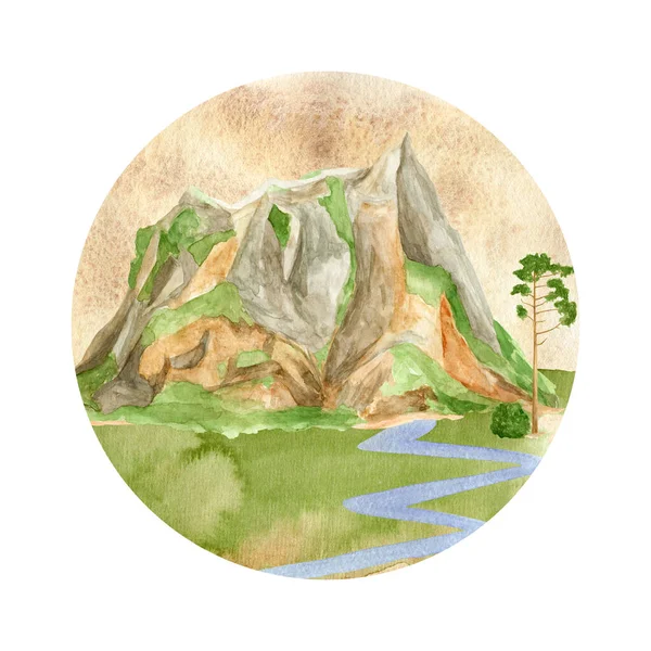 Watercolor Mountains Landscape Composition Hand Drawn Green Mountain Range River — Stockfoto