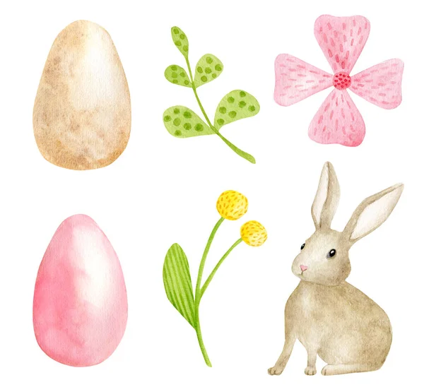 Watercolor Easter Eggs Rabbit Flowers Set Hand Painted Spring Clipart — 图库照片