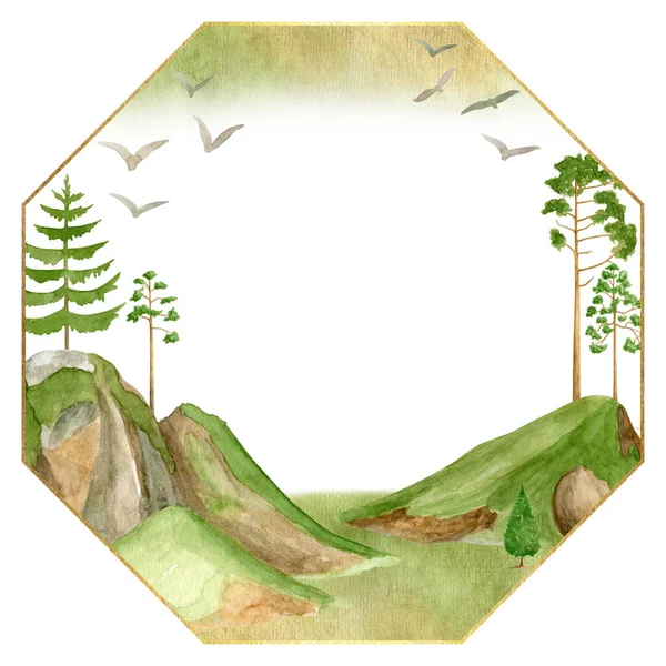 Watercolor Mountains Frame Hand Drawn Hexagon Template Green Mountain Summits — ストック写真