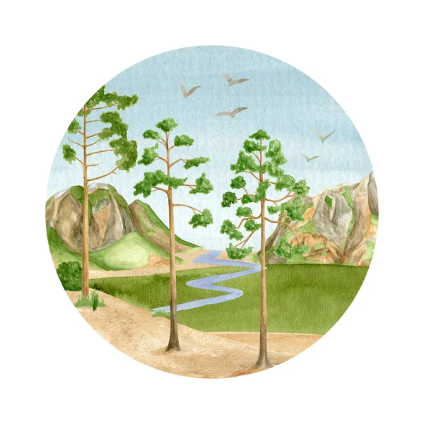 Watercolor Summer Landscape Illustration Hand Painted Green Valley Mountain Range — ストック写真