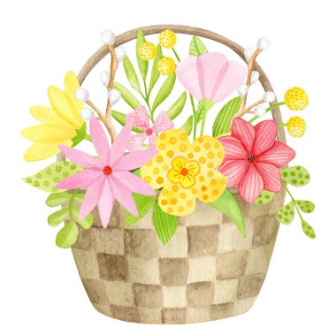 Watercolor basket with flowers illustration. Hand painted spring bouquet isolated on white background. Yellow and pink flower heads with leaves in wicker basket