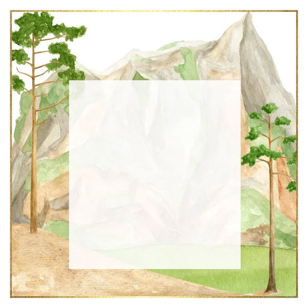 Watercolor Mountains Frame Hand Drawn Square Template Green Mountain Range — ストック写真