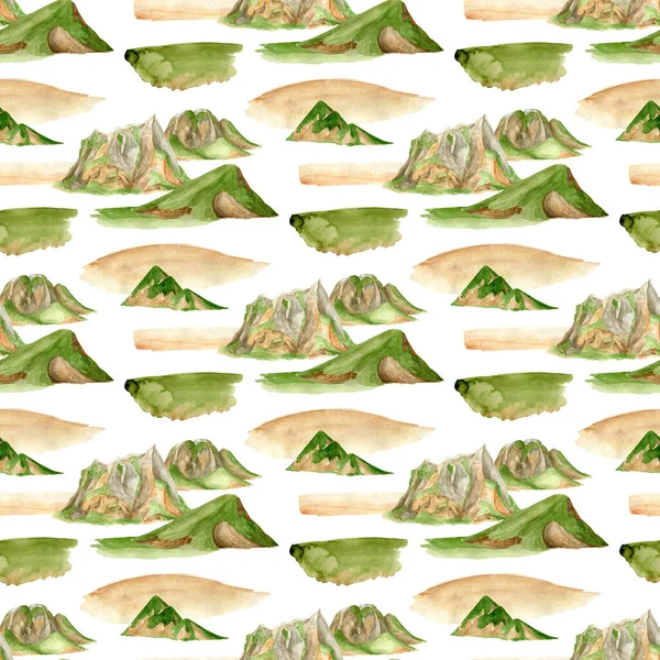 Watercolor Mountain Range Seamless Pattern Hand Drawn High Green Mountains — Stok fotoğraf