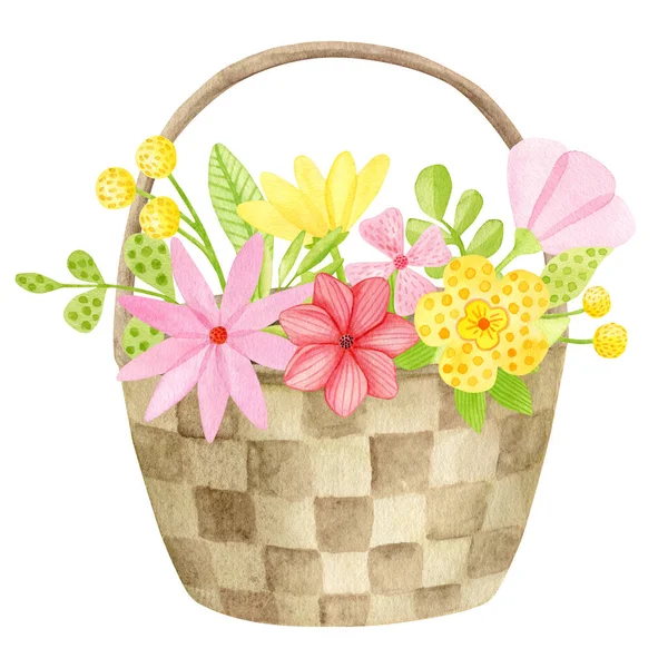 Watercolor Basket Flowers Illustration Hand Painted Spring Bouquet Isolated White — Stockfoto