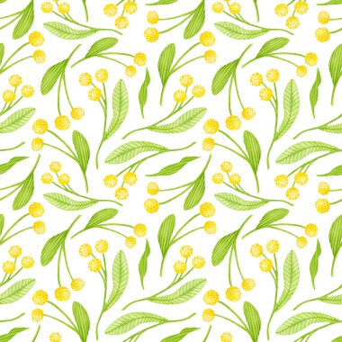 Watercolor yellow flowers seamless pattern. Hand painted spring floral background with greenery isolated on white. Cute cartoon botanical motifs for textile. Mimosa and leaves repeated design