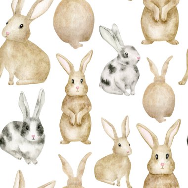 Watercolor seamless pattern with cute rabbits. Hand drawn brown little bunny animals sitting, standing and back view. Baby hare background isolated on white. Easter bunny repeated design