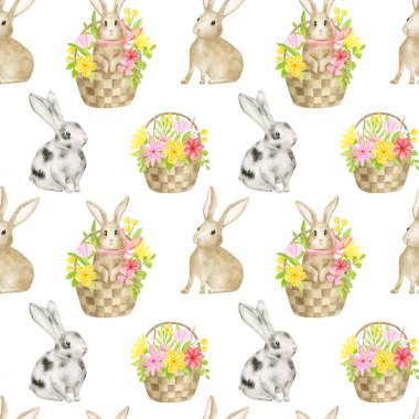 Watercolor spring seamless pattern with hand drawn rabbit and floral basket. Cute brown and gray Easter bunny background with flowers isolated on white. Baby animals repeated design