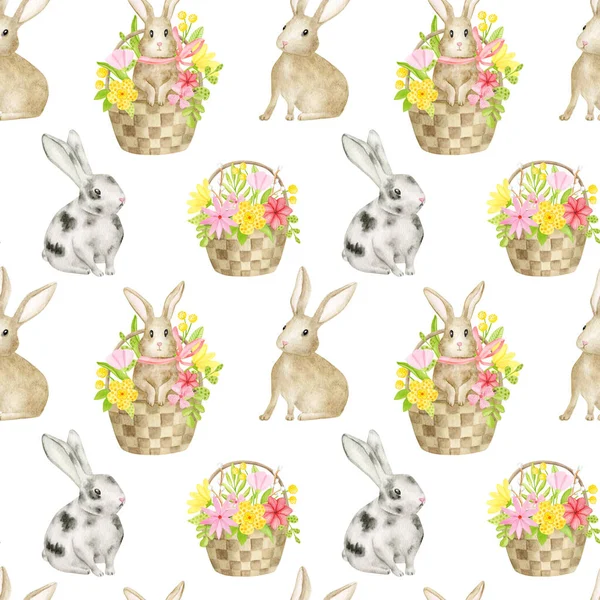 Акварель Весны Бесшовный Узор Нарисованным Вручную Кроликом Цветочной Корзиной Симпатичный — стоковое фото