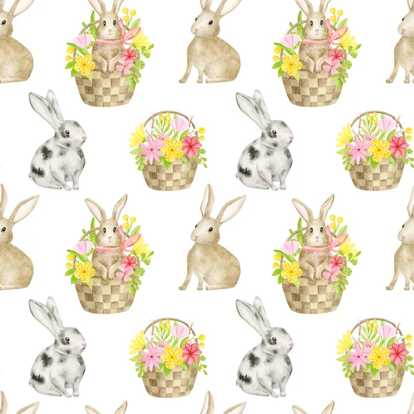 Watercolor spring seamless pattern with hand drawn rabbit and floral basket. Cute brown and gray Easter bunny background with flowers isolated on white. Baby animals repeated design