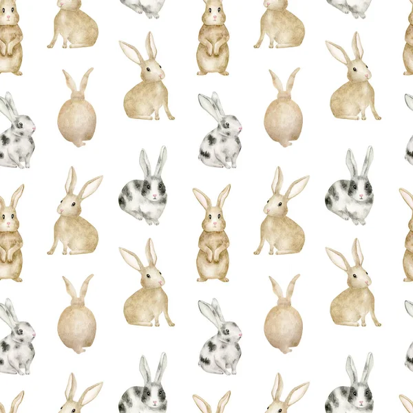 Акварель Бесшовный Узор Милыми Кроликами Вручную Нарисованные Коричневые Кролики Сидят — стоковое фото