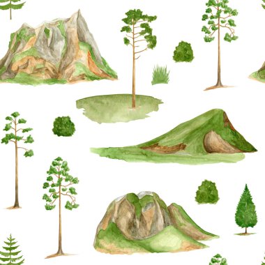 Watercolor mountains seamless pattern. Hand painted high green peaks, pine trees isolated on white. Summer forest background. Woodland nature illustration. Hiking, travel design