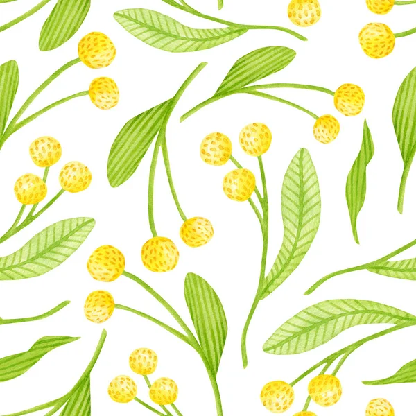 Watercolor floral seamless pattern. Hand painted yellow flowers and green leaves background isolated on white. Cute cartoon botanical motifs for textile. Spring mimosa repeated design. Summer plants