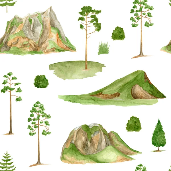 Watercolor mountains seamless pattern. Hand painted high green peaks, pine trees isolated on white. Summer forest background. Woodland nature illustration. Hiking, travel design