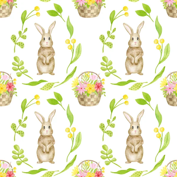 Watercolor spring seamless pattern with hand drawn rabbit and floral basket. Cute brown Easter bunny background with flowers and leaves isolated on white. Cartoon animal, botanical repeated design