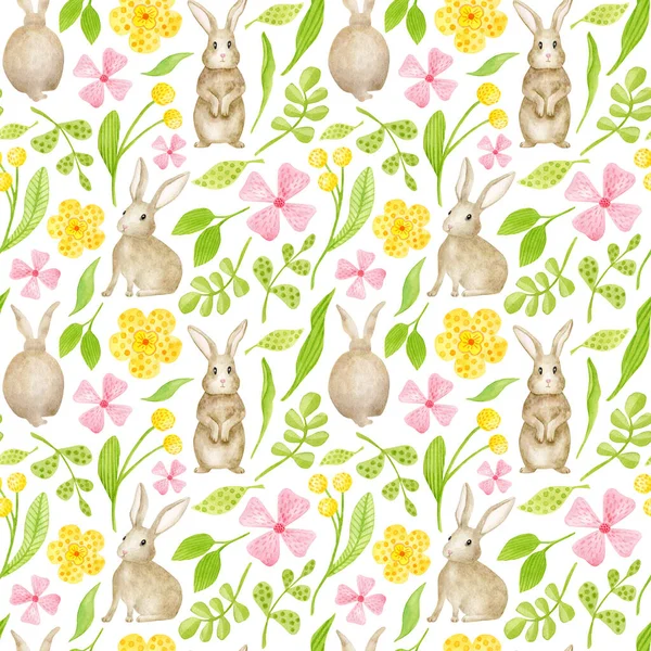 Watercolor Spring Rabbit Seamless Pattern Hand Painted Little Brown Easter —  Fotos de Stock