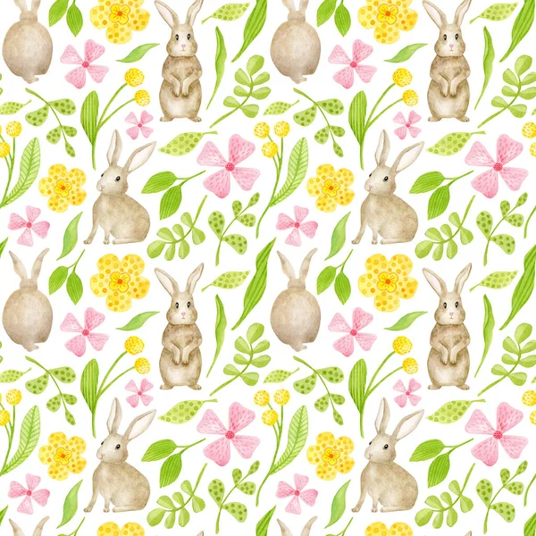 Watercolor spring rabbit seamless pattern. Hand painted little brown Easter bunny background with flowers and leaves isolated on white. Pink and yellow floral motif. Cute animal repeated design