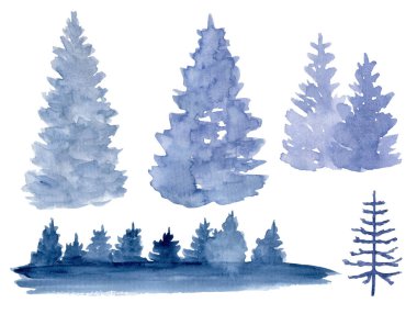 Watercolor blue fir trees. Hand drawn monochrome forest tree illustration isolated on white background. Woodland nature clipart. Spruce plants for card, invitation, poster, design