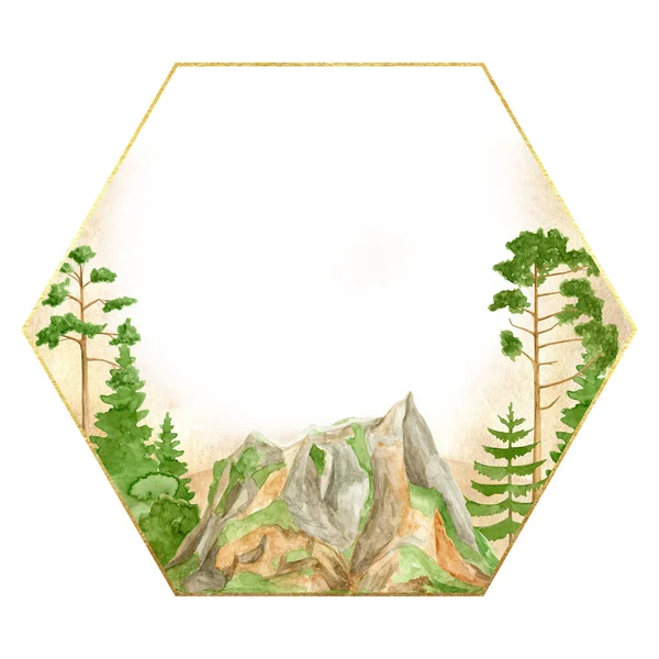Watercolor Mountains Frame Hand Drawn Hexagon Template Green Mountain Range — Foto Stock