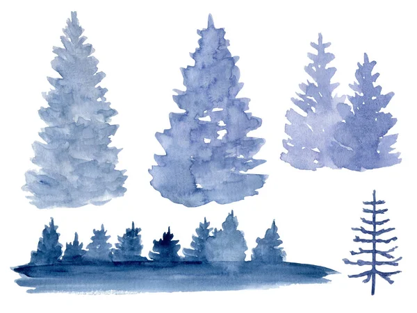 Watercolor Blue Fir Trees Hand Drawn Monochrome Forest Tree Illustration — 图库照片