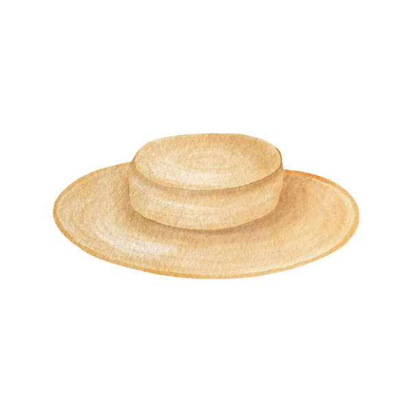 Υδατογραφία Απεικόνιση Καπέλο Ήλιο Χέρι Βαμμένο Καφέ Ψάθινο Καπέλο Καλοκαιρινά — Φωτογραφία Αρχείου