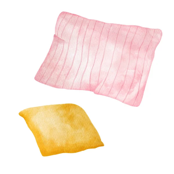 Watercolor Blanket Pillow Set Hand Painted Pink Picnic Blanket Yellow — Stock Photo, Image
