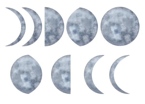 Акварель Фазы Луны Установлены Мистическая Синяя Иллюстрация Полнолуния Полумесяца Белом — стоковое фото