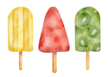 Watercolor fruit popsicle illustration set. Hand drawn red, yellow and green ice cream pops isolated on white. Summer frozen dessert. Kiwi paleta, watermelon ice lolly, mango ice candy painted print