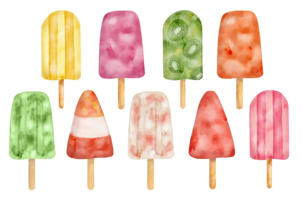 Watercolor Fruit Popsicle Illustration Set Hand Drawn Colorful Red Yellow — Photo