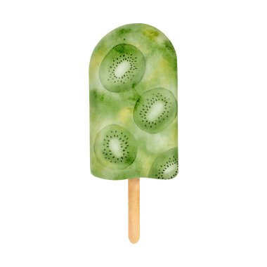 Watercolor kiwi popsicle. Hand drawn fruit ice cream pop isolated on white background. Summer frozen dessert. Green ice lolly illustration, mint cucumber healthy paleta sketch