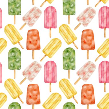 Watercolor popsicle seamless pattern. Hand drawn colorful red, yellow and green ice cream pops isolated on white background. Summer fruit frozen dessert. Kiwi paleta, berry ice lolly for fabrics