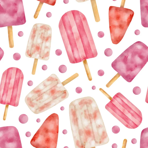 Watercolor Pink Ice Cream Seamless Pattern Hand Painted Cute Ice — ストック写真