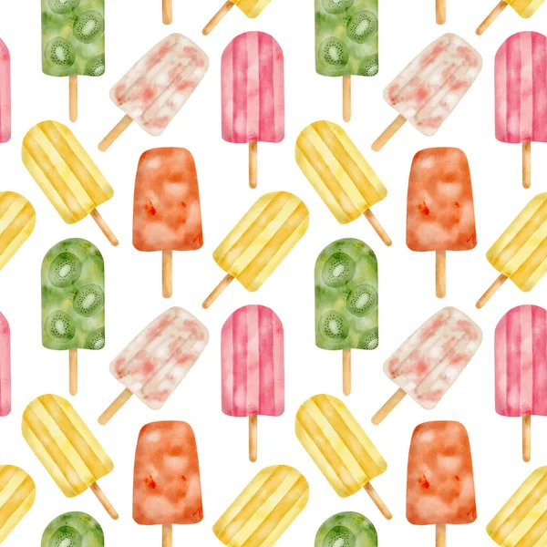 Watercolor Popsicle Seamless Pattern Hand Drawn Colorful Red Yellow Green — Stok fotoğraf