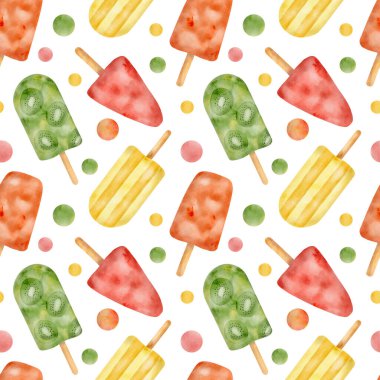 Watercolor ice cream seamless pattern. Hand drawn colorful red, yellow, green popsicles isolated on white background. Summer frozen dessert. Kiwi fruit, watermelon paleta, berry ice lolly for fabrics