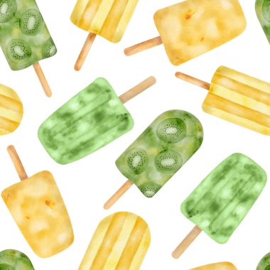Watercolor popsicle seamless pattern. Hand drawn fresh yellow and green ice cream pops isolated on white background. Summer fruit frozen dessert. Kiwi paleta, mango ice lolly for fabrics