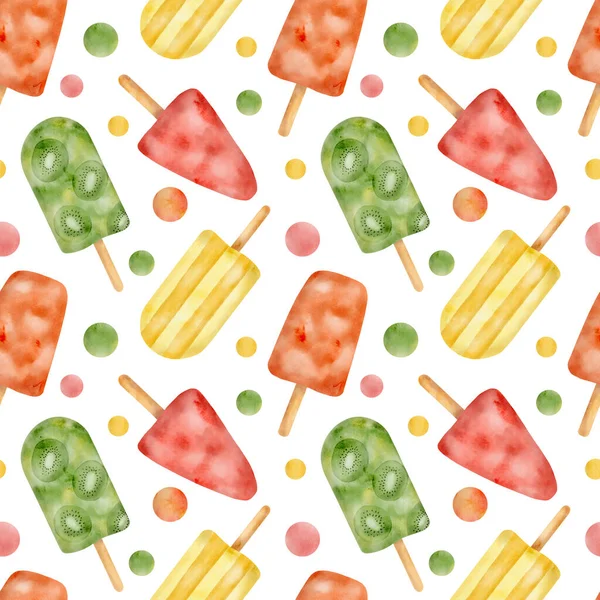 Watercolor ice cream seamless pattern. Hand drawn colorful red, yellow, green popsicles isolated on white background. Summer frozen dessert. Kiwi fruit, watermelon paleta, berry ice lolly for fabrics