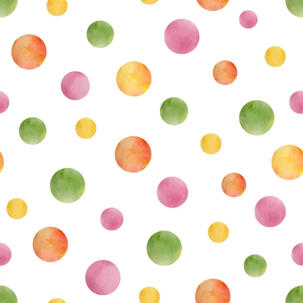 Watercolor colorful dots seamless pattern. Red, green, yellow, pink polka dot repeated tile isolated on white background. Bright merry confetti spot ornament. Round paint shapes drawing