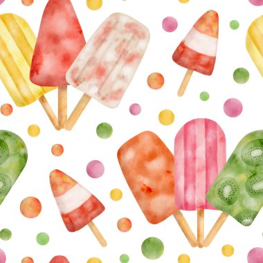 Watercolor popsicle seamless pattern. Hand painted cute colorful ice cream pops isolated on white background. Summer food repeated design. Holiday festival yummy sweets for wrapping and print