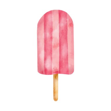 Watercolor pink popsicle. Hand drawn berry ice cream pop isolated on white background. Summer frozen dessert on stick. Fruit ice lolly sketch, strawberry paleta illustration. Beach party food sketch