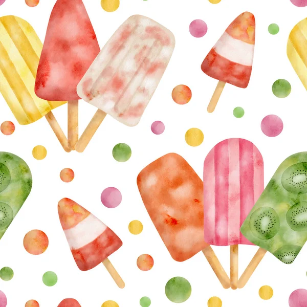 Watercolor Popsicle Seamless Pattern Hand Painted Cute Colorful Ice Cream — ストック写真