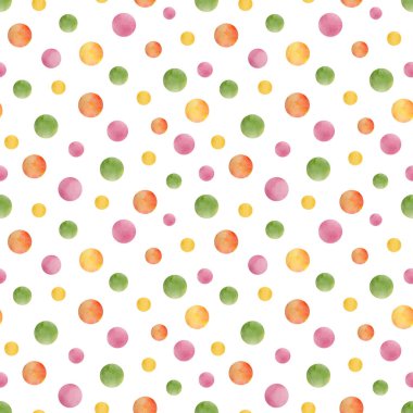 Watercolor colorful dots seamless pattern. Red, green, yellow, pink polka dot repeated tile isolated on white background. Bright merry confetti spot ornament. Round paint shapes drawing